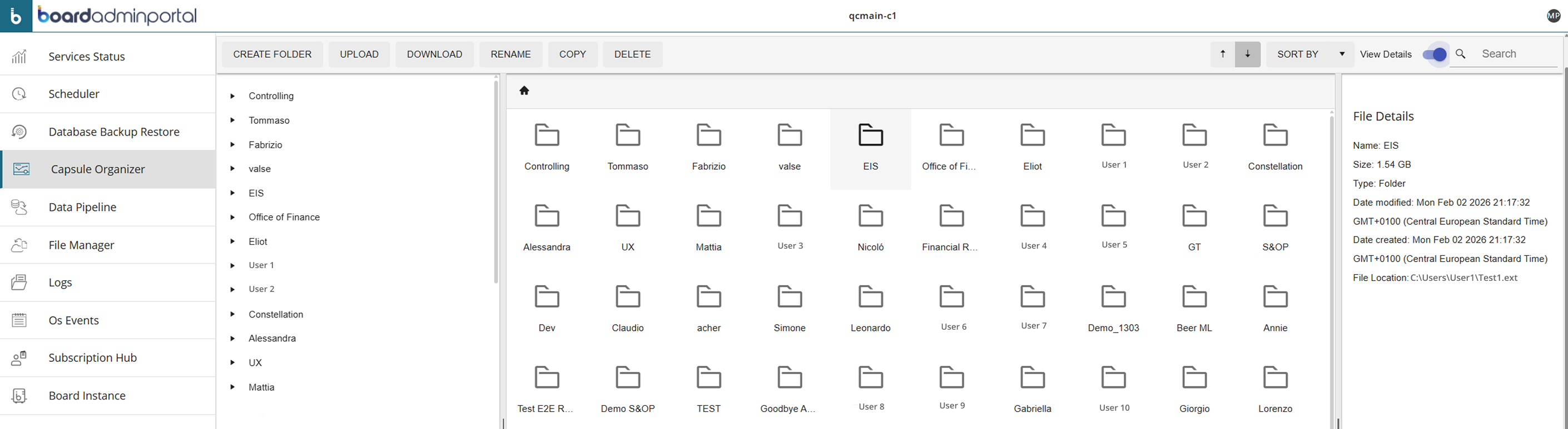 File management interface displaying folders and details for the EIS folder.